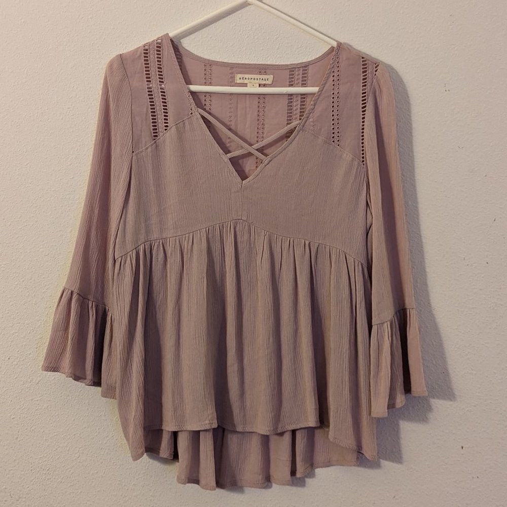 Aeropostale Pale Rose Pink Flowy V Neck Blouse, Quarter Bell Sleeve, Small